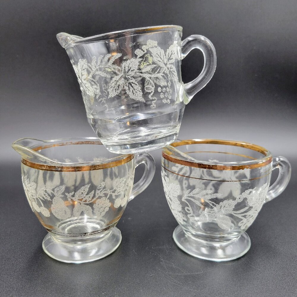Vintage Creamers Frosted Grape & Leaf Gold Set Of 3 Creamer Syrup Condiment